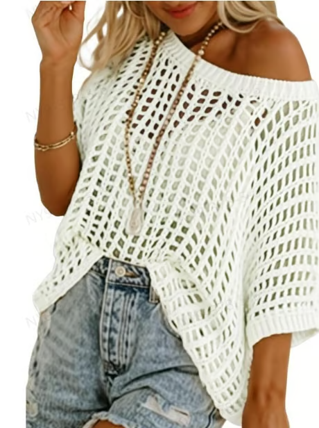 🎁2025 New Hot Sale 49% OFF - Womens Summer Scoop Neck Short Sleeve Sweater Casual Crochet Hollow Out Knit Tops Pullover Shirts Beach Coverup