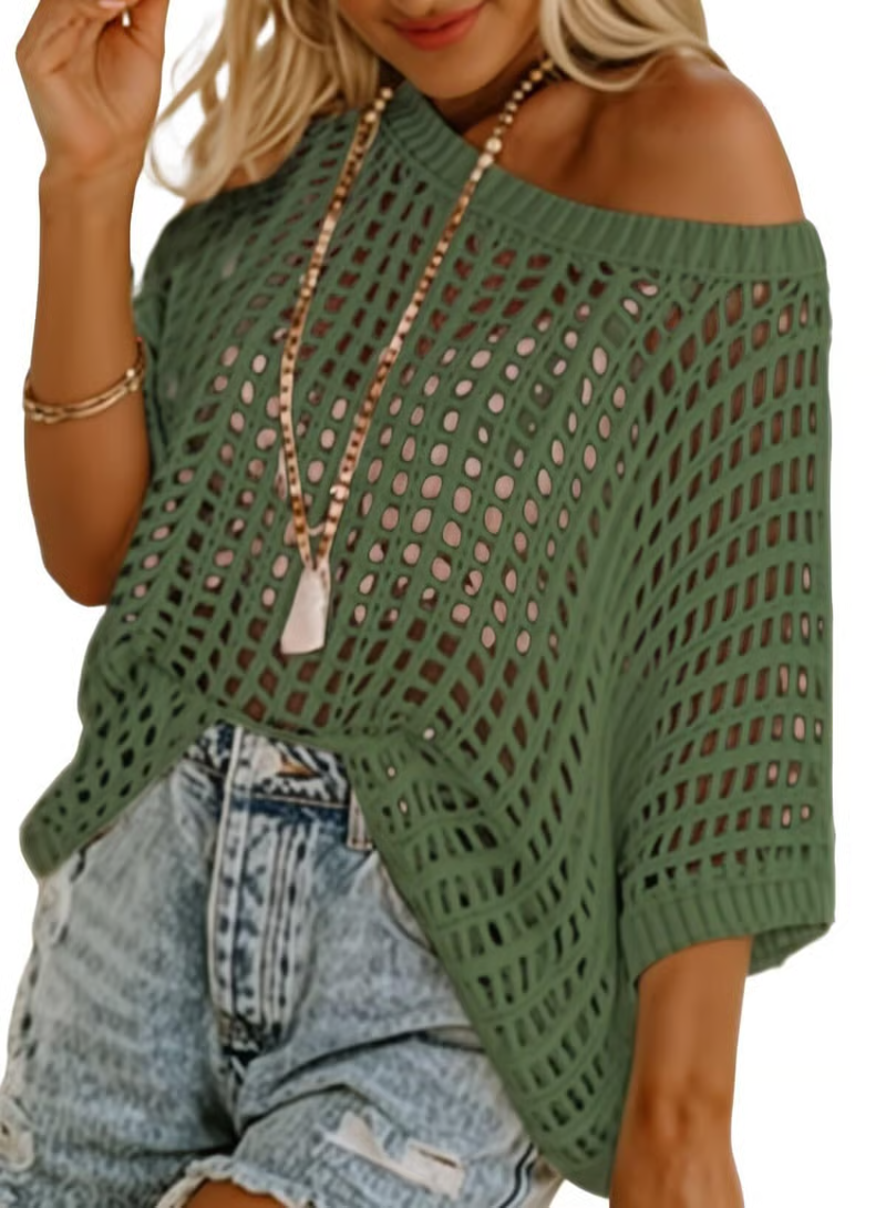 🎁2025 New Hot Sale 49% OFF - Womens Summer Scoop Neck Short Sleeve Sweater Casual Crochet Hollow Out Knit Tops Pullover Shirts Beach Coverup