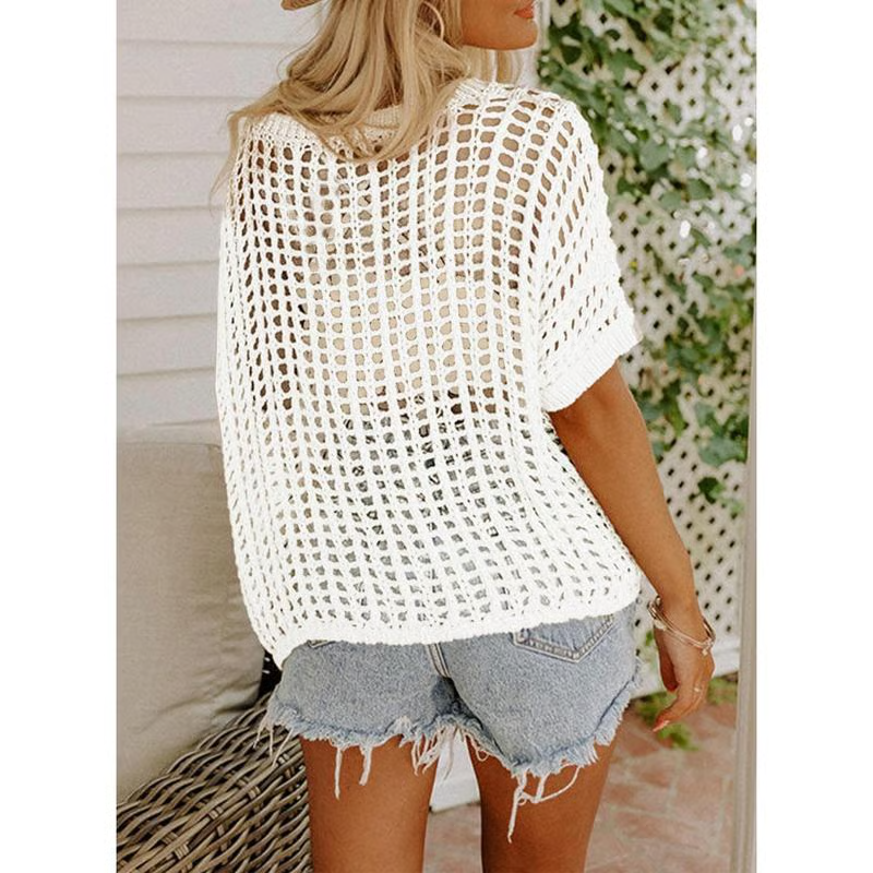 🎁2025 New Hot Sale 49% OFF - Womens Summer Scoop Neck Short Sleeve Sweater Casual Crochet Hollow Out Knit Tops Pullover Shirts Beach Coverup