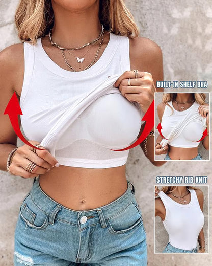 🍃Round Neck Built-in Bra Ribbed Tank Top Fit Casual Comfortable💥